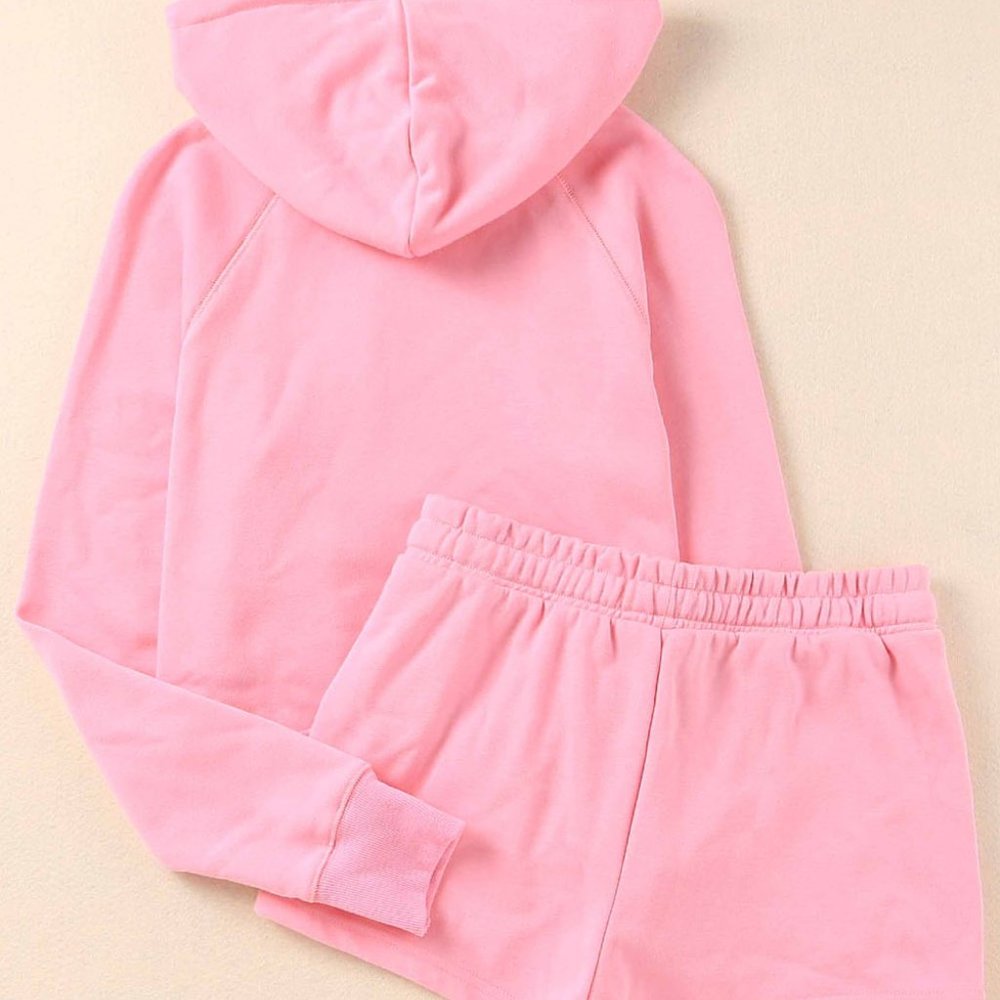Pink Cropped Hoodie and Drawstring High Waist Shorts Set. barbiecore - Picture 9 of 13